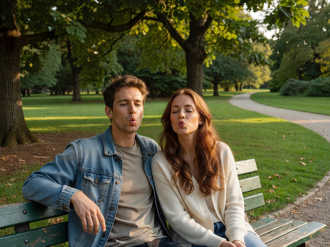 Two friends sitting on a park bench in soft afternoon light, whistling a simple tune together