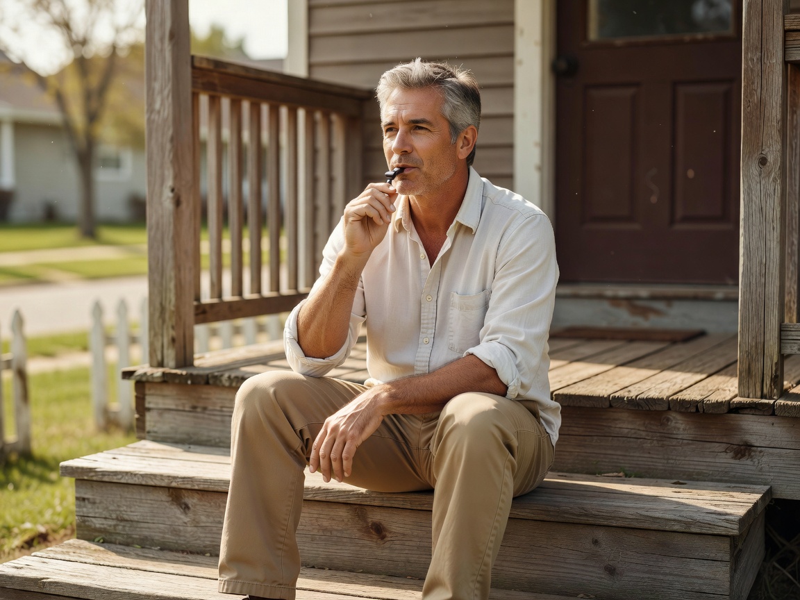 A middle-aged man sitting on a porch step in daylight, practising a relaxed whistle