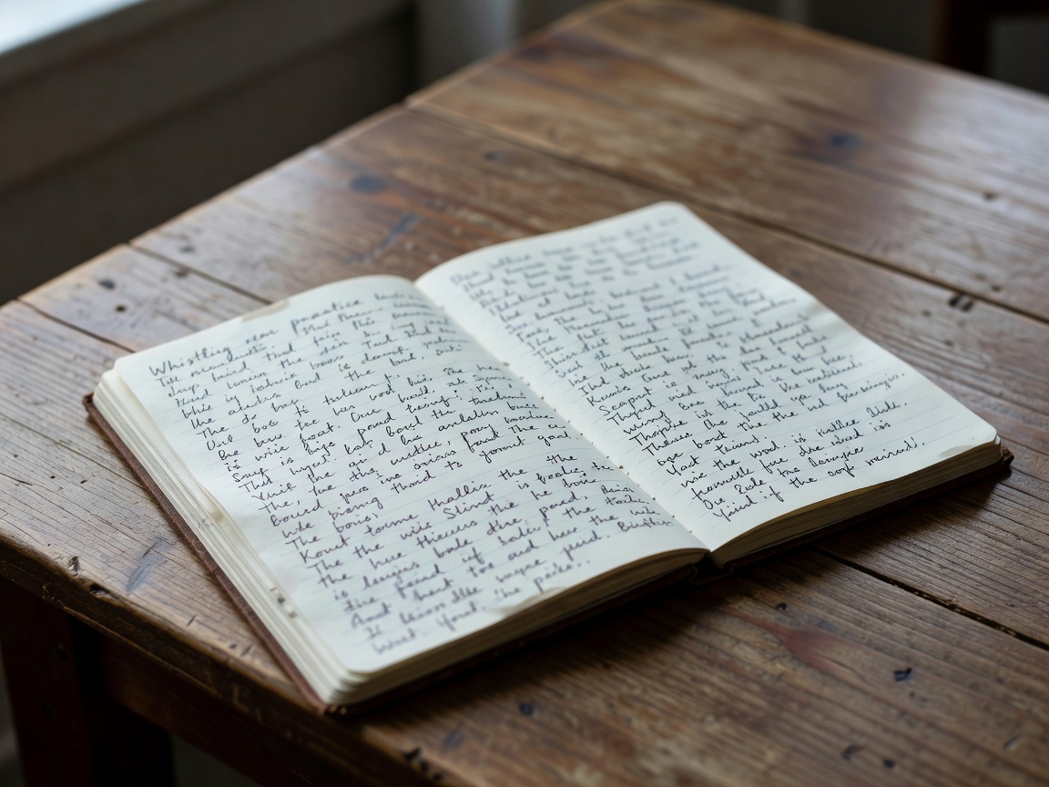 A handwritten practice log with notes about whistling attempts, resting on a wooden table