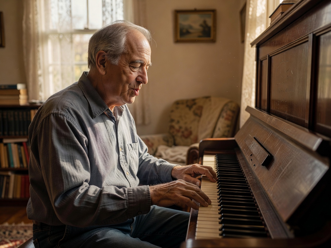 A retired man at an upright piano pressing one key and whistling to match it in a sunlit living room