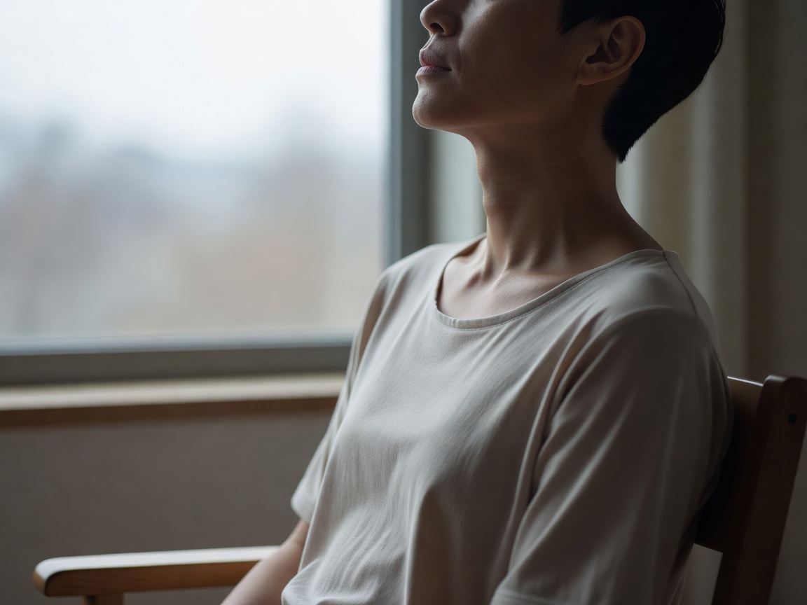 Detail of a seated person with relaxed, lowered shoulders taking a calm breath by a window