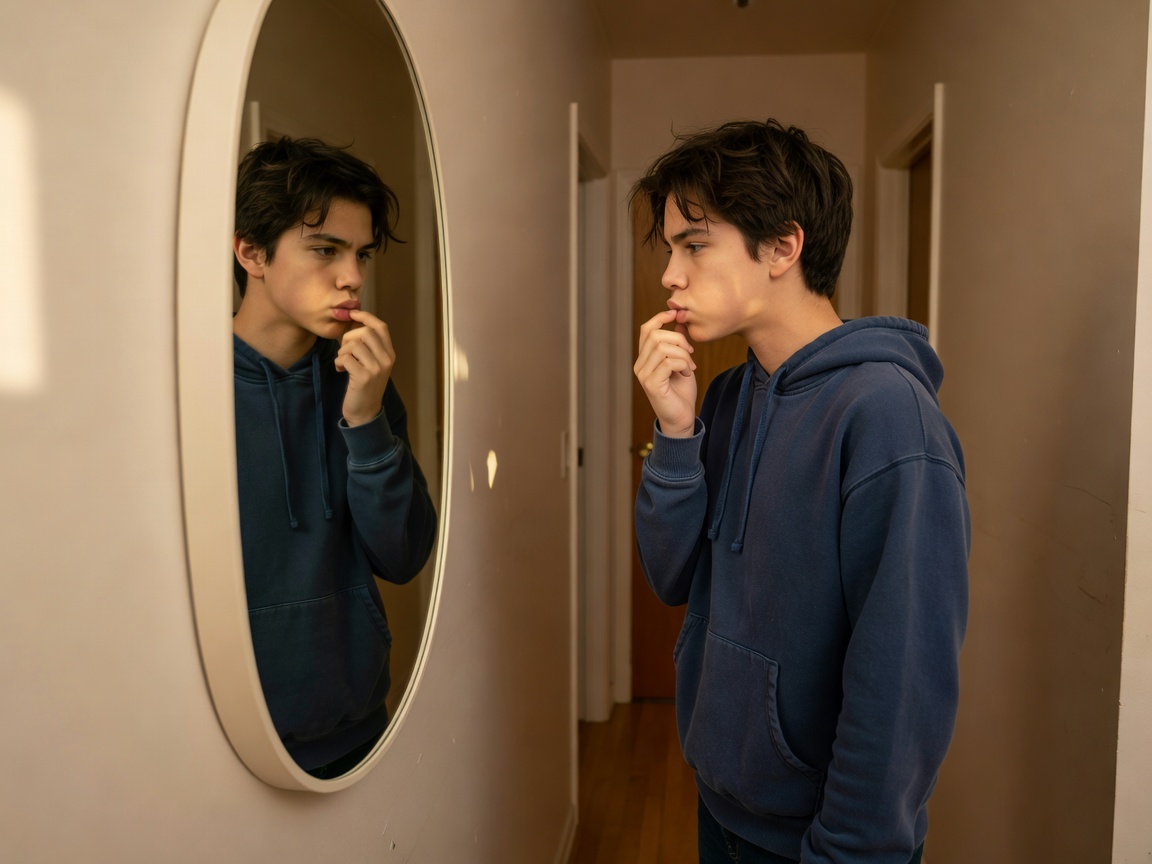 A teenager watching her rounded lip shape in a hallway mirror while practising