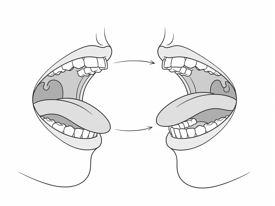 Side-view diagram of the mouth showing a low tongue for a lower note and a raised, forward tongue for a higher note