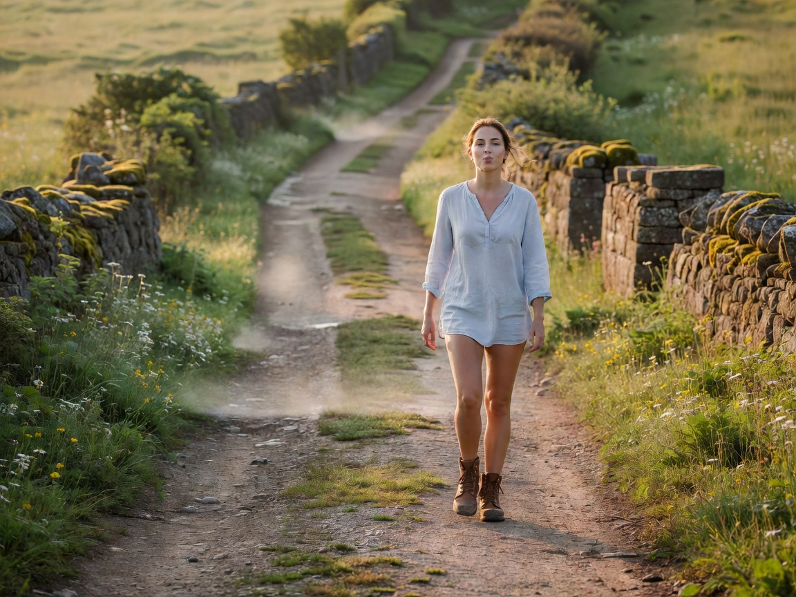A woman walking along a quiet country lane in morning light, whistling softly